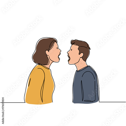 Couple shouting at each other in an argument with neutral background  
