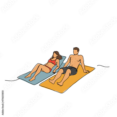 Young couple sunbathing together on beach towels outdoors  