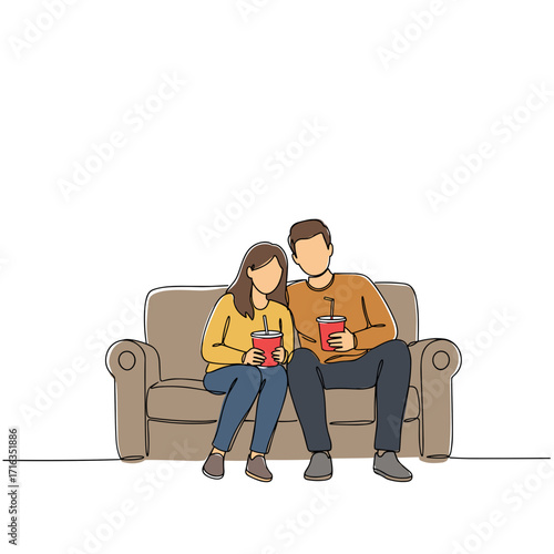 Couple sitting on couch enjoying drinks while watching a movie  