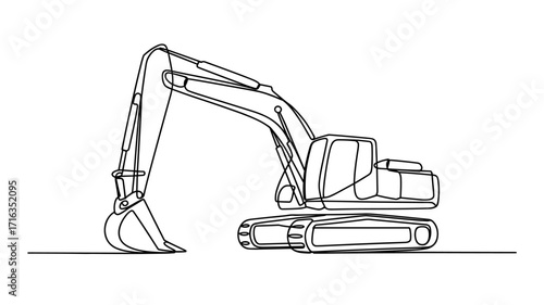Excavator Heavy Construction Machine One Line Drawing Vector
