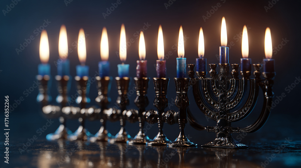 Fototapeta premium Illuminated hanukkah menorah with blue and purple candles against a dark background