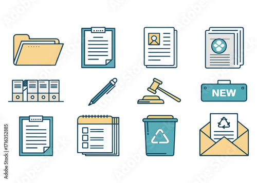 Office and Business Supplies Icon Set Documents Folders Binders Legal Gavel New Sign and Recycling Bin