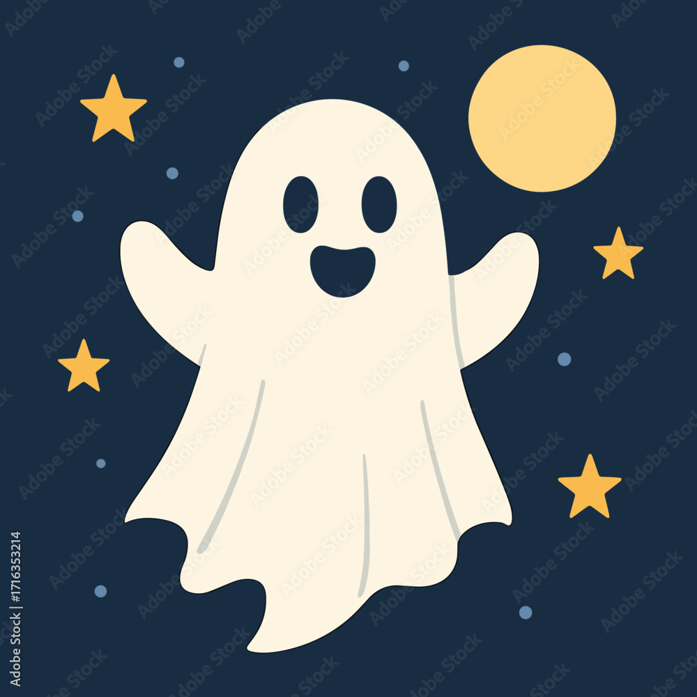 Fototapeta premium Cheerful ghost character with stars and moon in playful style for Halloween theme
