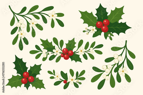 Christmas floral arrangements with holly and mistletoe for festive decoration concept