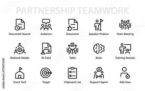 partnership teamwork professional line icon pack. Creative, modern, and minimal outline vector collection highlighting teamwork and partnership symbols.