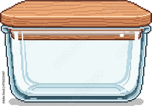 A pixel-art illustration of an empty glass storage container with a wooden lid.