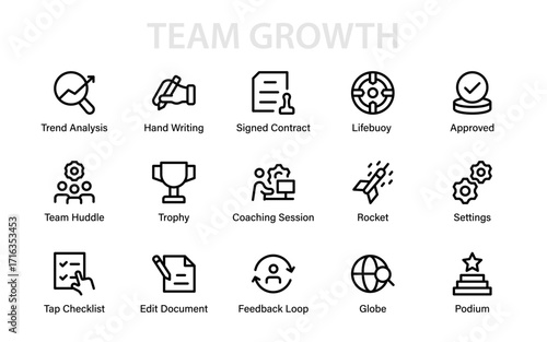 Team Growth modern line icon collection. Professional minimal vector pack showcasing partnership, group collaboration, and creative teamwork outlines.