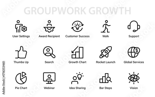 Groupwork Growth creative line icon set. Professional modern vector outline collection showcasing teamwork, unity, and collaboration symbols.