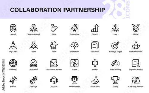 Collaboration partnership modern line icon pack. Professional outline collection with creative minimal designs for teamwork, group work, and unity.