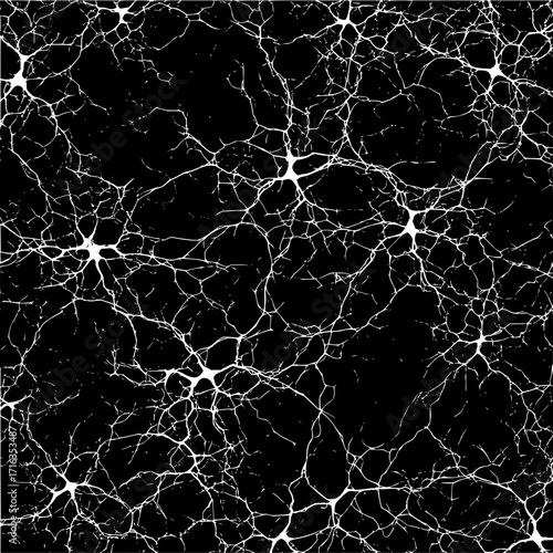 Abstract network of white lines resembling neurons on a black background creating a complex pattern