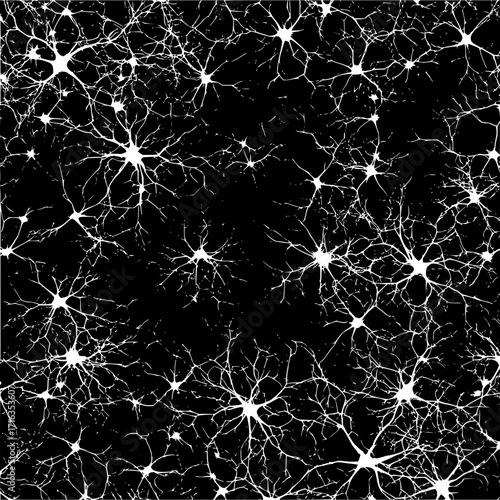 White neuron cells connected by thin lines on a black background create a complex network structure