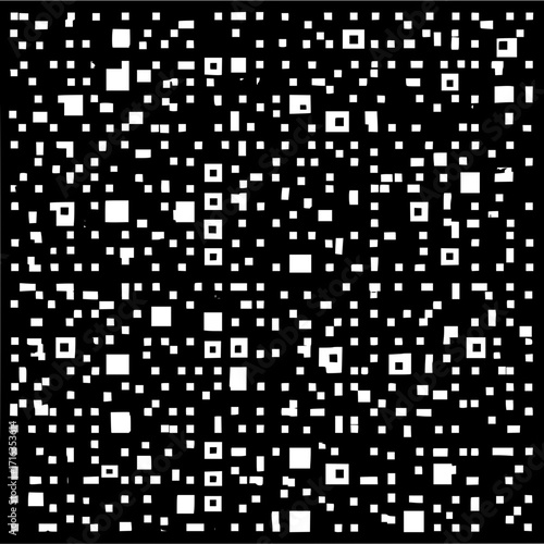 Scattered white squares of varying sizes against a black background creating a chaotic yet ordered pattern