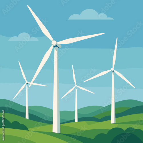 Wind turbines in a green landscape under a clear blue sky for renewable energy concept