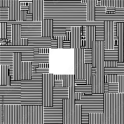 Black and white striped pattern with a central square void creating an abstract composition visually striking