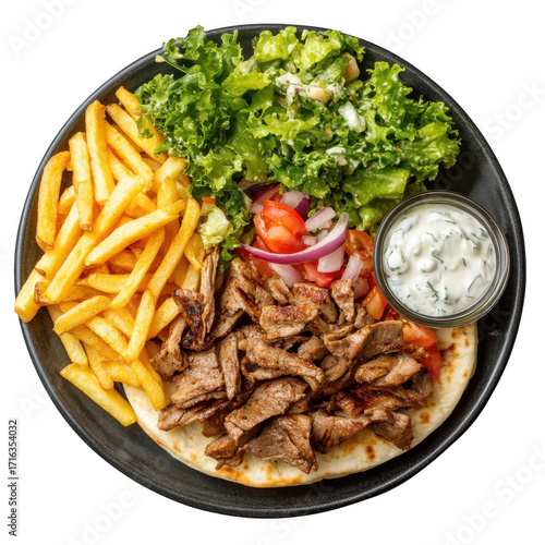 Gyros Plate with French Fries and Salad [Transparent Background PNG].