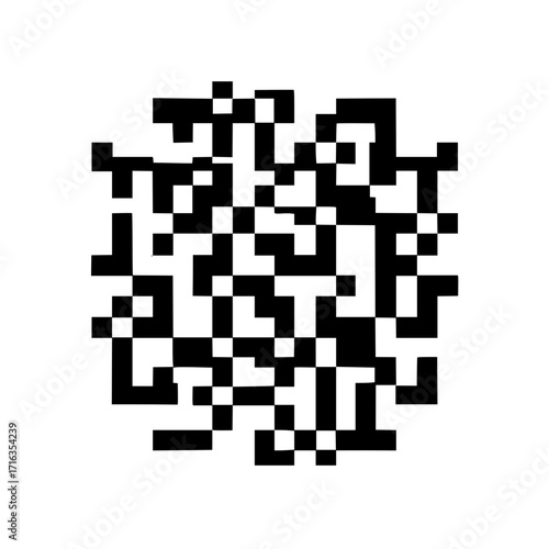 Black and white pixelated design featuring a complex arrangement of squares and linear pixel patterns