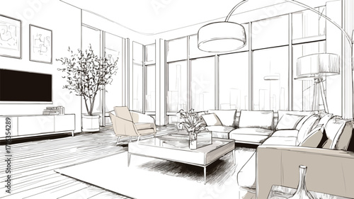 Modern Stylish Living Room Interior Vector Illustration