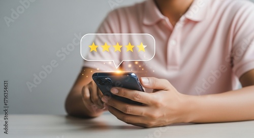 Customer leaving a glowing 5-star review on their smartphone for excellent service and product quality.