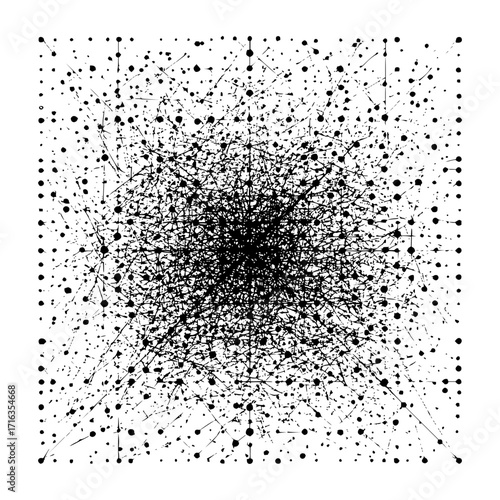 Dense network of black lines and dots converging towards the center on a white background design