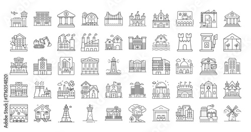 Collection of Architectural Icons Representing Various Buildings and Structures in Line Art Style