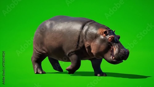 Majestic hippopotamus walking with a curious expression against a vibrant green background.