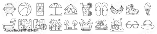 Collection of vector icons representing summer vacation and outdoor activities