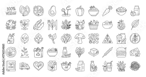 A Collection of Black and White Vegan and Vegetarian Food Icons