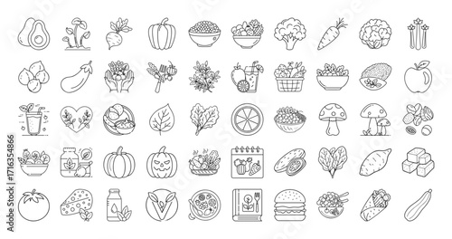 Assorted line art drawings displaying a variety of foods, vegetables and related items