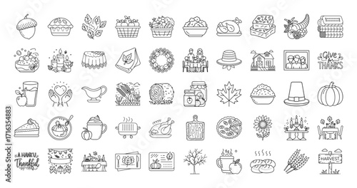 A charming line art collection of Thanksgiving and Autumn themed elements