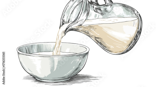 Pouring Milk from Glass Decanter into Bowl - Professional Vector Illustration