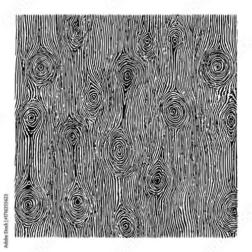 Black and white abstract wood grain pattern with knots and vertical lines creating a rustic texture design