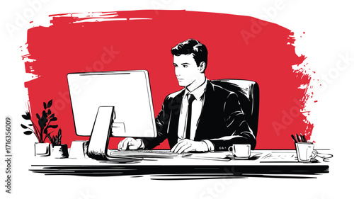 Professional Manager Using Computer at Desk Office Workspace Vector Illustration
