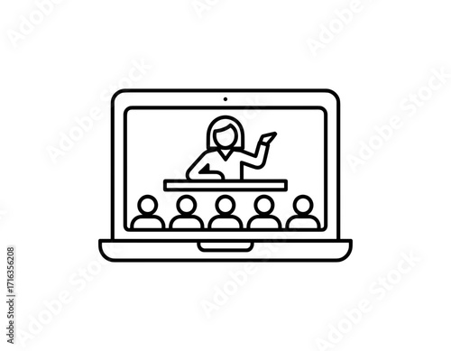 Vector illustration of an online meeting, showing a person speaking to an audience on a laptop screen using virtual conferencing.