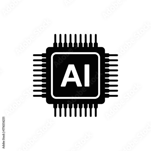 Vector illustration of AI microchip, symbol of artificial intelligence with connection pins.
