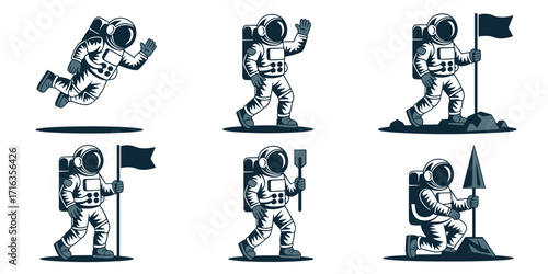 Set of vector illustrations of astronauts engaged in different space activities.