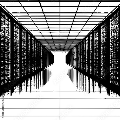 A perspective view of a long corridor with a grid ceiling and server racks on both sides in black and white