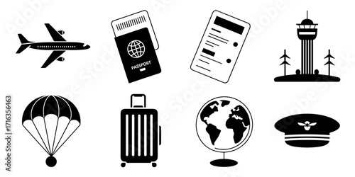 Travel vector icons: airplane, passport, ticket, tower, parachute, suitcase, globe and pilot hat.