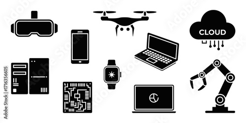 A flat vector illustration featuring a variety of cutting-edge technology icons. The items displayed include devices, robotics, and data connectivity concepts in a modern style.
