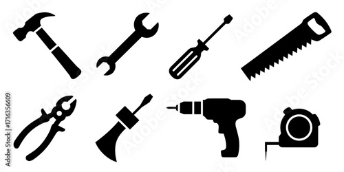 A vector collection of construction and repair tools including: hammer, wrench, screwdriver, saw, pliers, chisel, drill and tape measure.