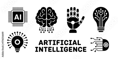 Vector set of symbolic representations of AI, presenting a mixture of biological and technological intelligence.