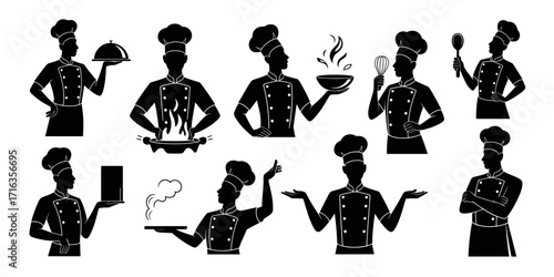 Vector collection of chef silhouettes in various culinary actions and poses.