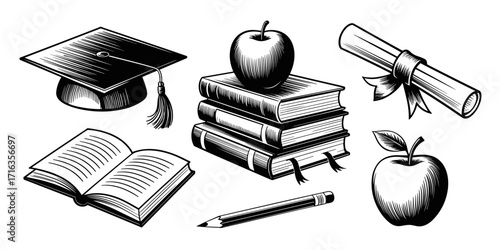 A set of educational vectors: books, an apple, a graduation cap, and a diploma. All are represented in a graphic style that represents learning and graduation.