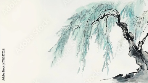 Ink wash painting of a willow tree with drooping branches and soft blue-green foliage on a pale background