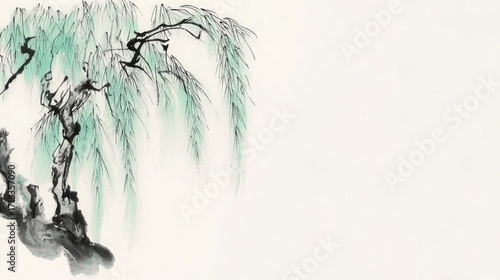 Ink painting of a willow tree with drooping branches and green foliage on a white background