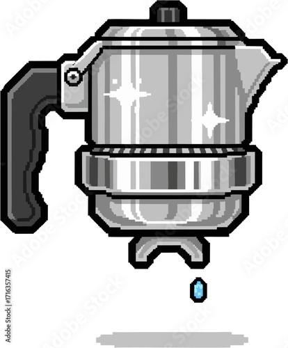 Pixelated illustration of a silver stovetop espresso maker with a drop of coffee falling.