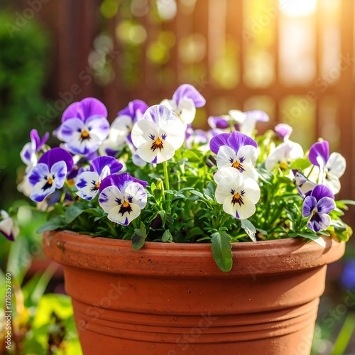 Vibrant pansies in terracotta pot