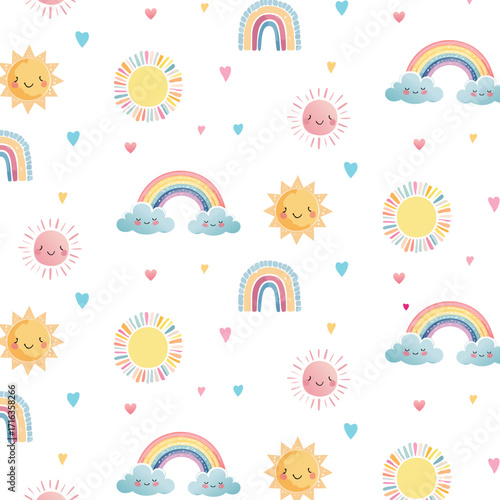 Seamless Pattern with Cute Sun, Rainbow, Clouds, and Hearts in Pastel Colors