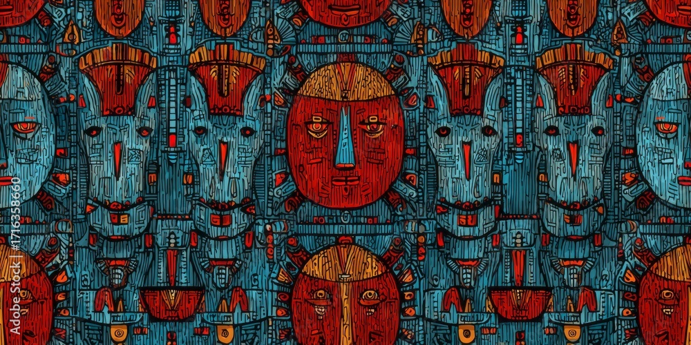 Obraz premium A repeating pattern of stylized faces, featuring intricate details and vibrant colors, creating a captivating and symbolic design.
