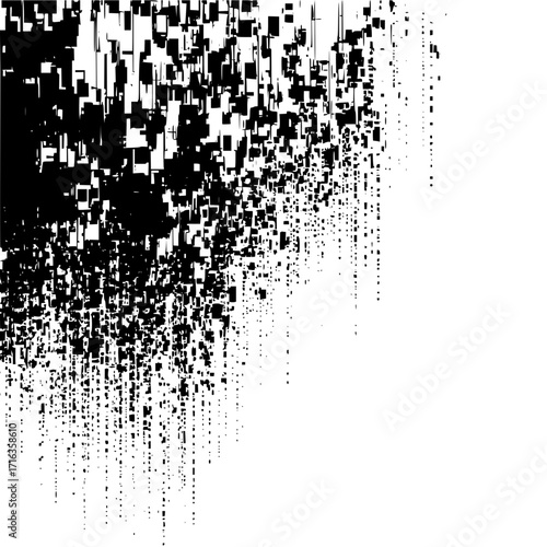 Abstract black and white image featuring a dense cluster of squares gradually dispersing into sparse dots
