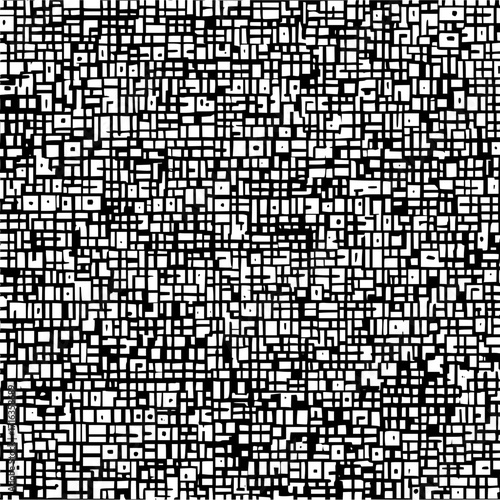 A complex black and white geometric pattern featuring irregular rectangles and square shapes densely packed together